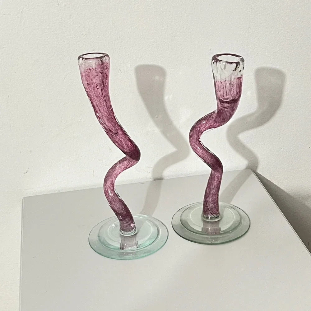 Michael‎ Hudson Candle Holders  Purple Art Glass Twisted Wavy Pair